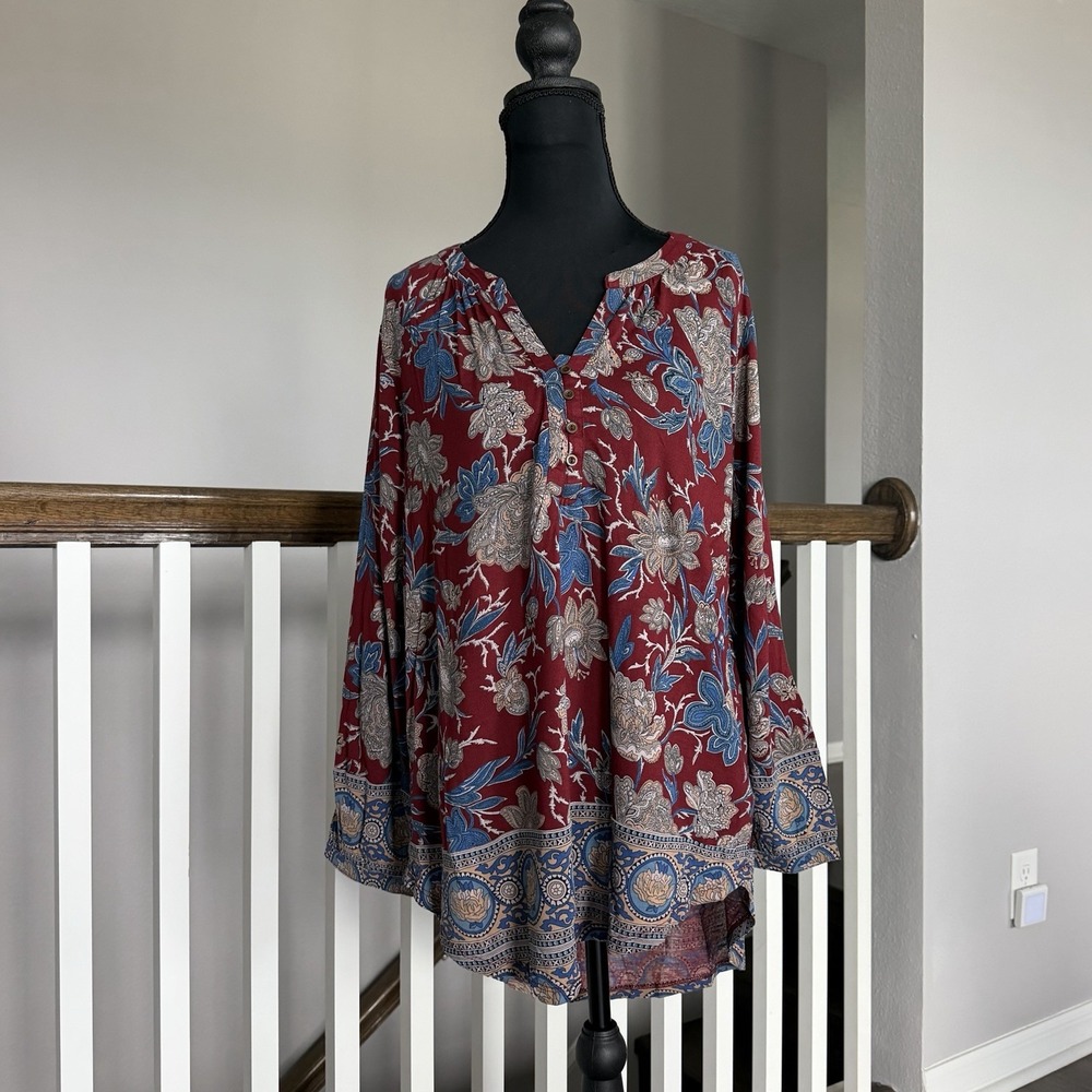 Lucky Brand NWT Long Sleeve Floral Henley Top Large Boho Peasant High Low Hem